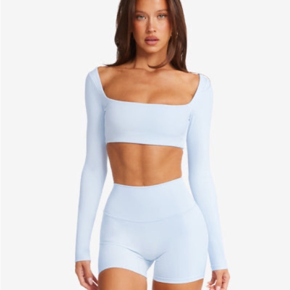 Crop Shop Boutique Light Blue Long Sleeve Square Neck Crop Top